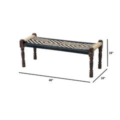 Indian Solid Wood Handmade Jute & Black Rope Bench Charpai Khat Manjhi Woven Charpai Daybed