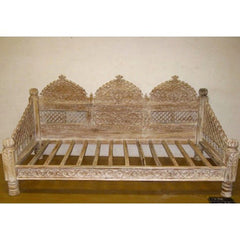 Mughal Garden Hand Carved Indian Daybed Whitewash Deep