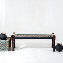 Indian Solid Wood Handmade Jute & Black Rope Bench Charpai Khat Manjhi Woven Charpai Daybed