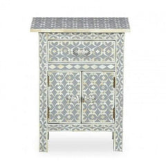 Maaya Bone Inlay Bedside Cabinet Table Grey Geometric