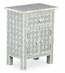 Maaya Bone Inlay Bedside Cabinet Table Grey Geometric