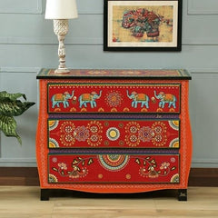 Pandora Hand Painted Indian Solid Wood Chest Of Drawer Red