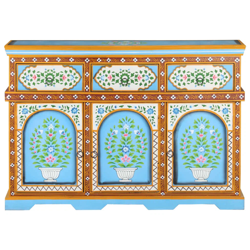 Indian Hand Painted Solid Wood Sideboard In Multicolour