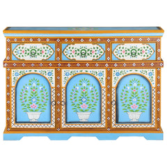 Indian Hand Painted Solid Wood Sideboard In Multicolour