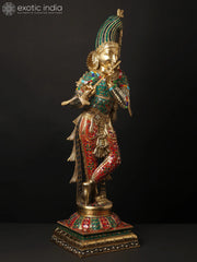 Indian Lord Krishna Playing Flute Brass Statue With Inlay Work