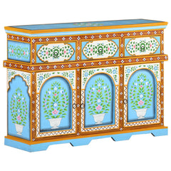 Indian Hand Painted Solid Wood Sideboard In Multicolour
