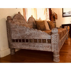 Mughal Garden Hand Carved Indian Daybed Whitewash Deep