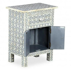 Maaya Bone Inlay Bedside Cabinet Table Grey Geometric