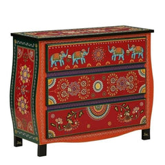 Pandora Hand Painted Indian Solid Wood Chest Of Drawer Red