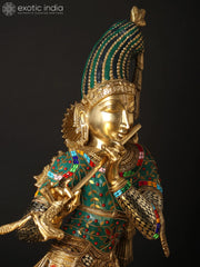 Indian Lord Krishna Playing Flute Brass Statue With Inlay Work