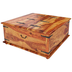 Indian Wooden Large Square Storage Box Trunk with Metal Accents Coffee Table