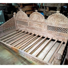 Mughal Garden Hand Carved Indian Daybed Whitewash Deep