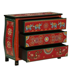 Pandora Hand Painted Indian Solid Wood Chest Of Drawer Red