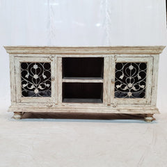 NEW Metal Jali White Rustic Solid wood Entertainment TV unit plasma stand Indian