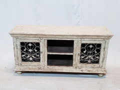 NEW Metal Jali White Rustic Solid wood Entertainment TV unit plasma stand Indian