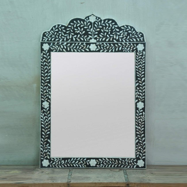 Maaya Bone Inlay Mirror Frame White Black Floral Pattern