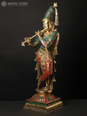 Indian Lord Krishna Playing Flute Brass Statue With Inlay Work