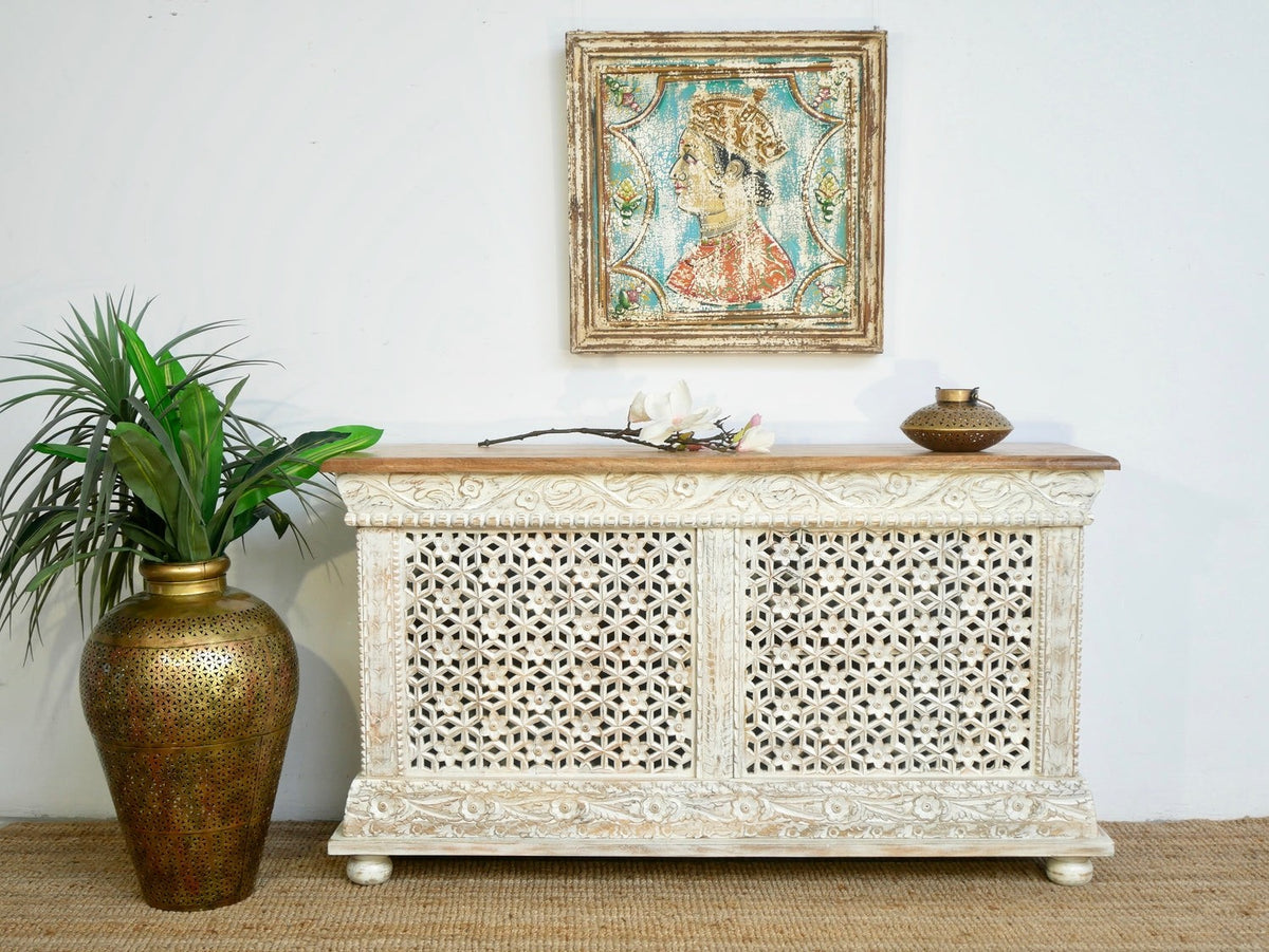 Kalah Hand Carved Solid Wooden Sideboard Buffet White 150x90x40cm KLA0158  -  