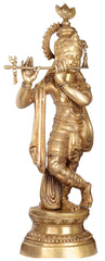 Indian Lord Krishna Playing Flute Brass Statue