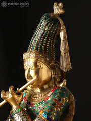 Indian Lord Krishna Playing Flute Brass Statue With Inlay Work