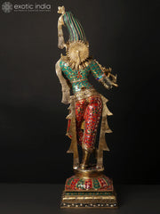 Indian Lord Krishna Playing Flute Brass Statue With Inlay Work