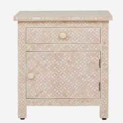 Maaya Bone Inlay Bedside Cabinet Table Pink Geometric