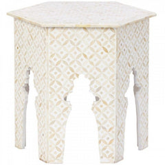 Maaya Bone Inlay Round Side Table Grey White Geometric