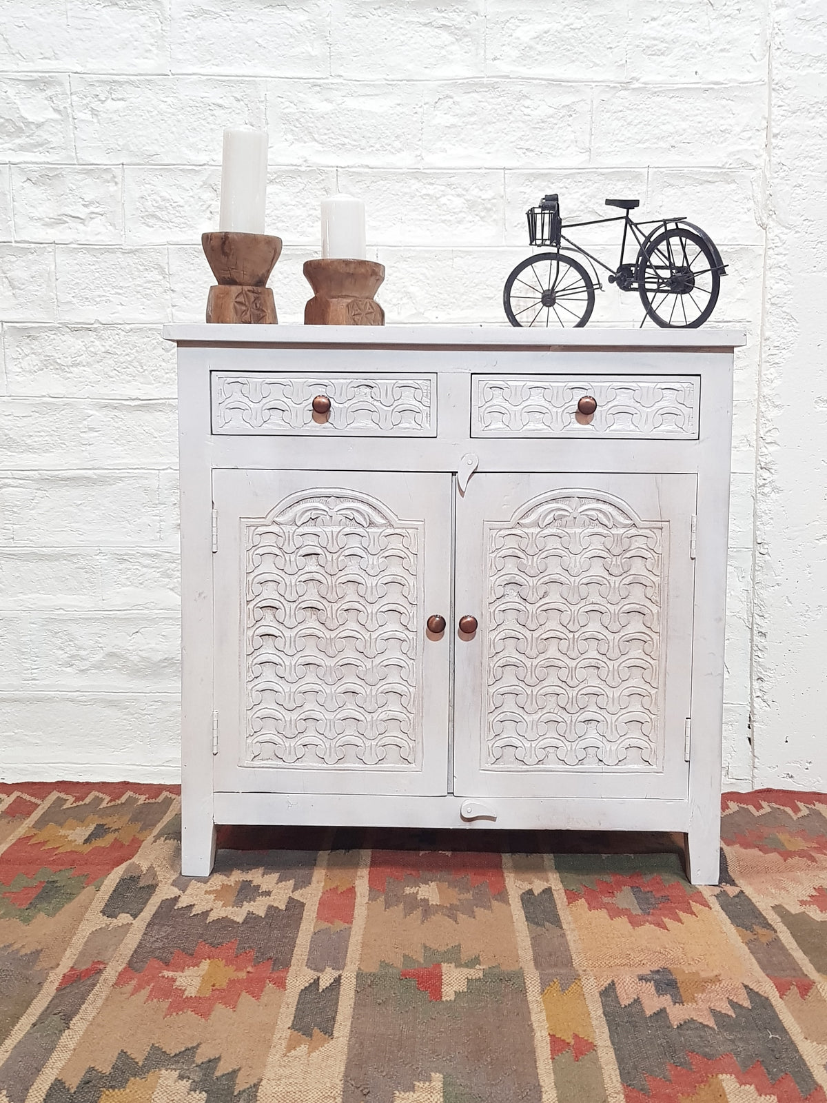 Blanc Indian Solid Wood Hand Carved Small Buffet Cabinet With Drawers