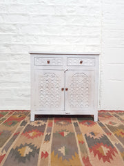 Blanc Indian Solid Wood Hand Carved Small Buffet Cabinet With Drawers