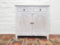 Blanc Indian Solid Wood Hand Carved Small Buffet Cabinet With Drawers