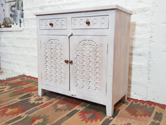 Blanc Indian Solid Wood Hand Carved Small Buffet Cabinet With Drawers