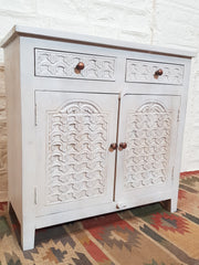 Blanc Indian Solid Wood Hand Carved Small Buffet Cabinet With Drawers