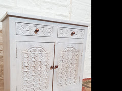 Blanc Indian Solid Wood Hand Carved Small Buffet Cabinet With Drawers