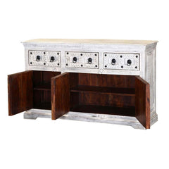 Blanc Indian Reclaimed Wood Whitewashed 3 Drawer Rustic Sideboard Cabinet