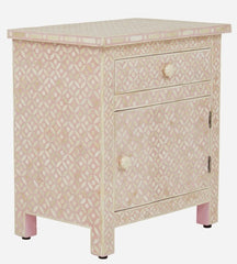 Maaya Bone Inlay Bedside Cabinet Table Pink Geometric