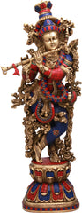 Indian Lord Krishna Playing Flute Brass Statue With Inlay Work