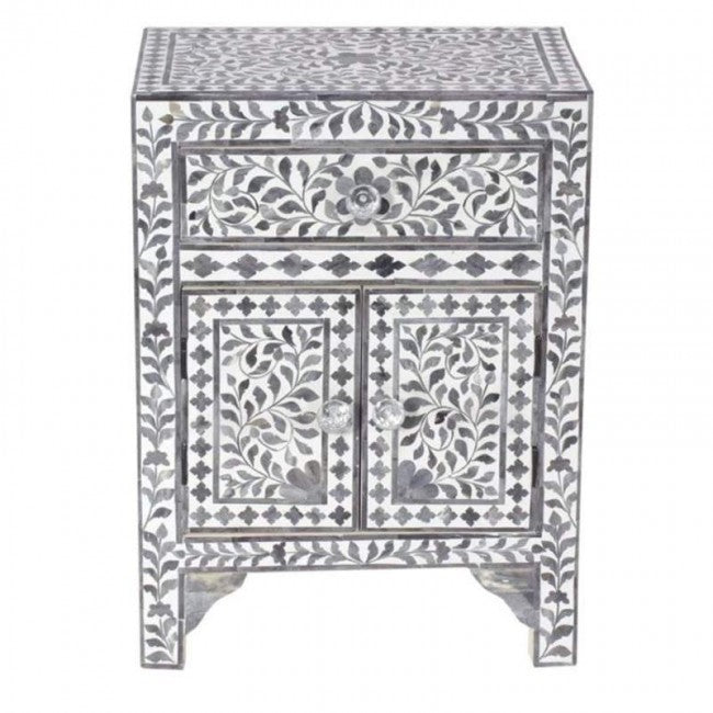 Maaya Bone Inlay Bedside Cabinet Table Black Floral