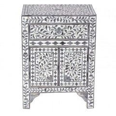 Maaya Bone Inlay Bedside Cabinet Table Black Floral