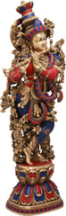 Indian Lord Krishna Playing Flute Brass Statue With Inlay Work