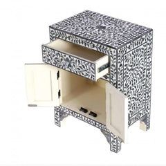 Maaya Bone Inlay Bedside Cabinet Table Black Floral