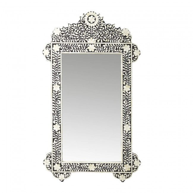 Maaya Bone Inlay Mirror Frame White Black Floral Pattern