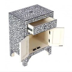 Maaya Bone Inlay Bedside Cabinet Table Black Floral