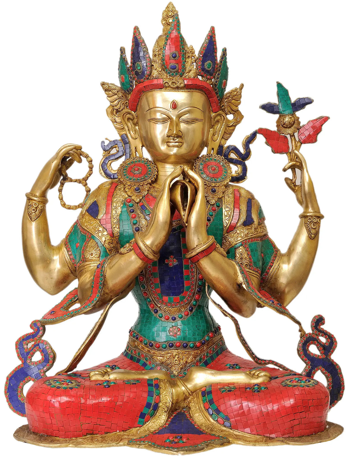 Indian Brass Tibetan Buddhist Buddha In Brass Statue With Inlay Work