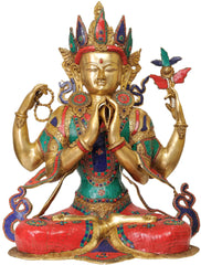 Indian Brass Tibetan Buddhist Buddha In Brass Statue With Inlay Work