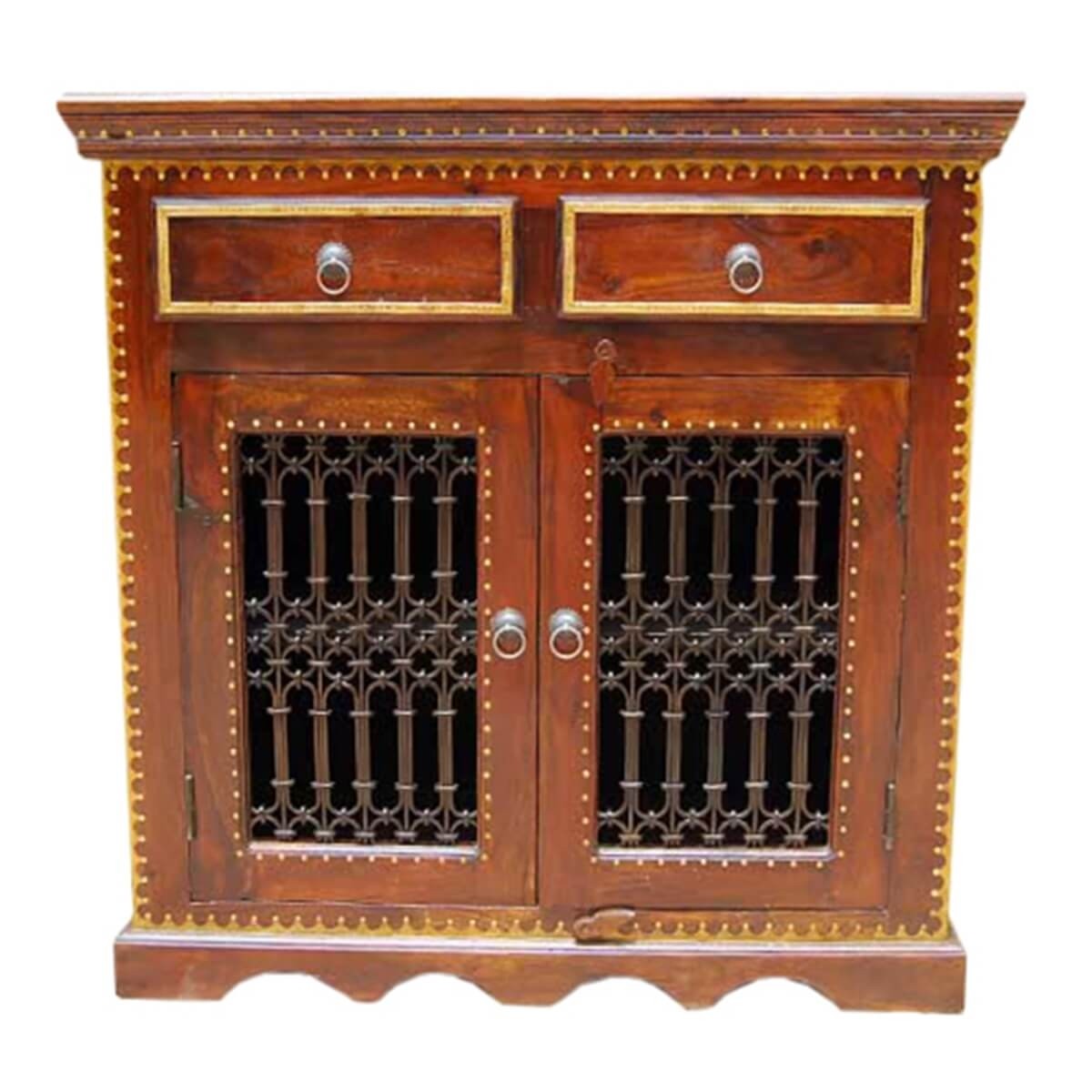 Jali Indian Solid Wood 2 Drawer TV Media Small Cabinet With Brass Work