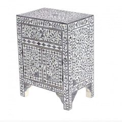 Maaya Bone Inlay Bedside Cabinet Table Black Floral