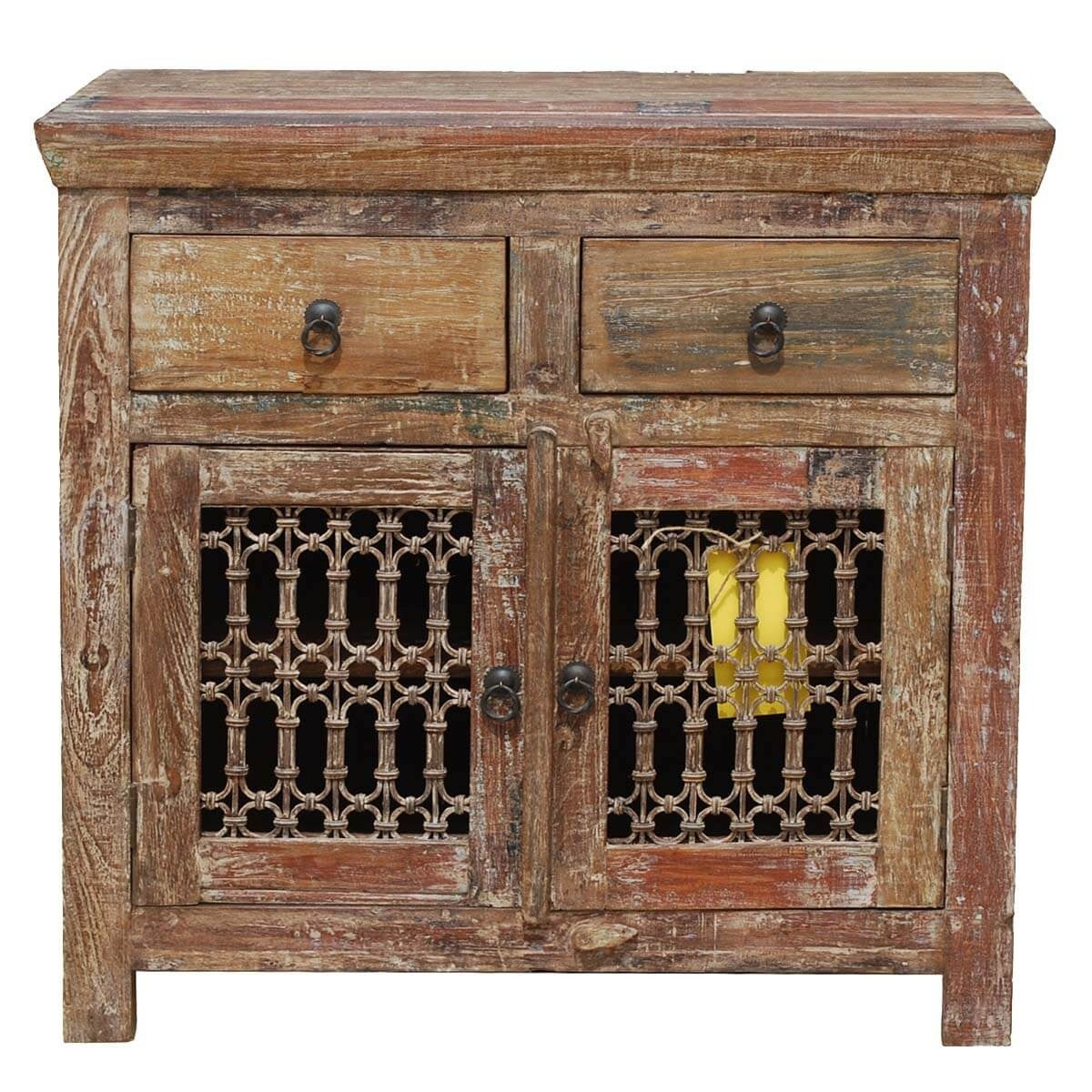 Jali Reclaimed Wood Iron Grill 2 Drawers Small Buffet Cabinet