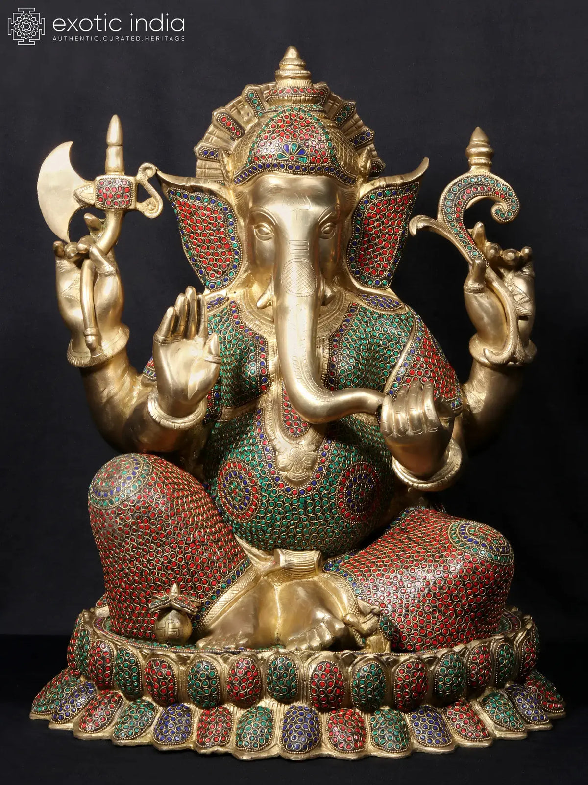 Indian Lord Ganesha Handmade Brass Statue With Stone Work