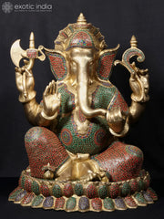 Indian Lord Ganesha Handmade Brass Statue With Stone Work