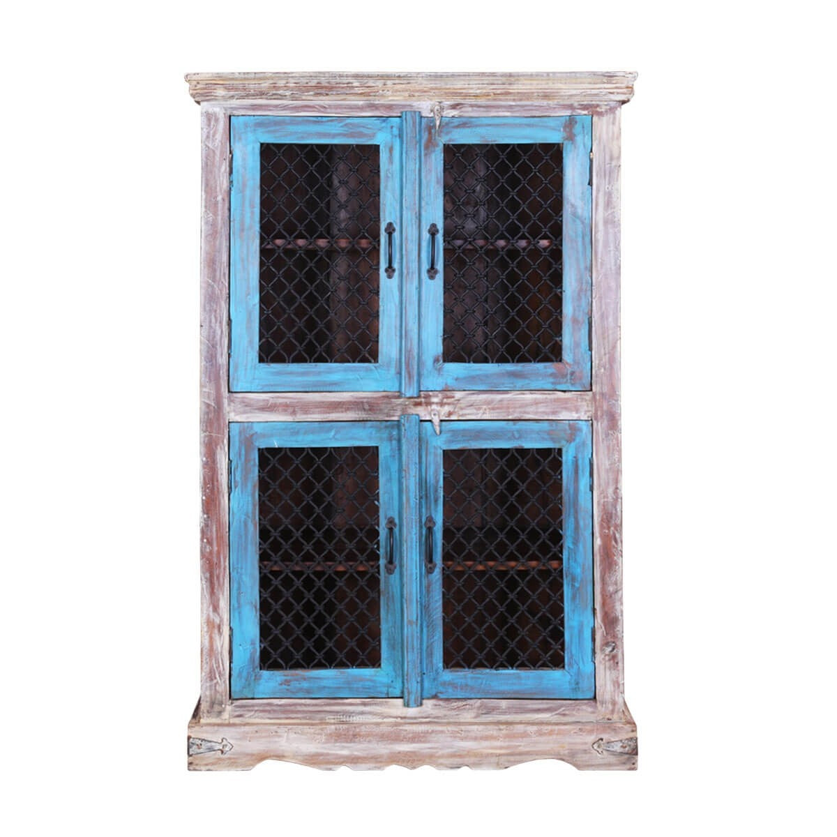 Jali Rustic Mango Wood Iron Grill Door Large Display Cabinet